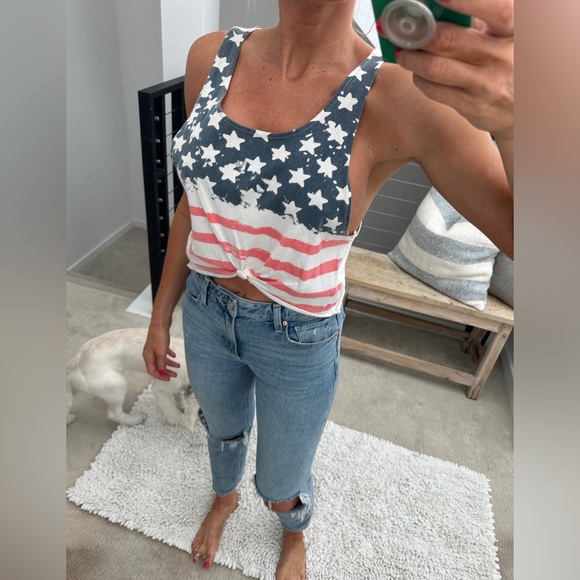 American flag cut off crop top red white & blue casual holiday summer beach M - Picture 4 of 12